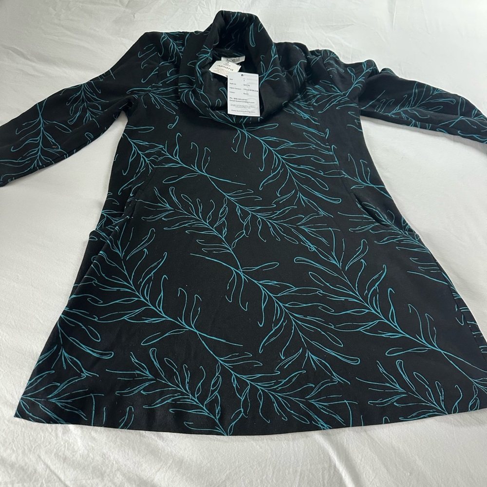 New with tags- Sara Black Dress with Blue Leaf Design